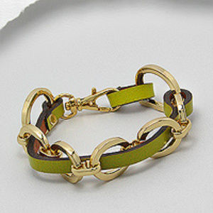 Gold Chain /Avocado Green Genuine Leather Bracelet